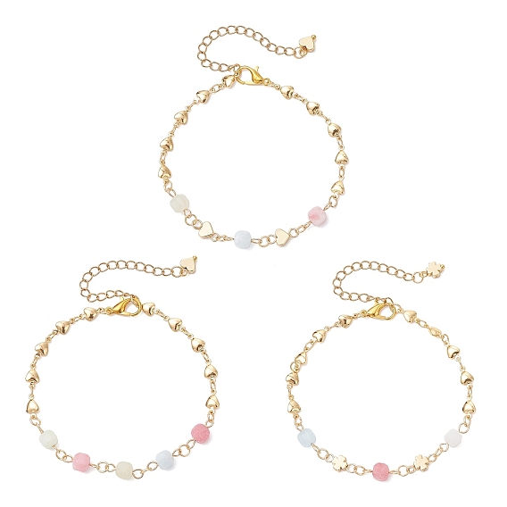 3шт. браслеты-цепочки из натурального морганита и латунных бусин для женщин, с цинковым сплавом застежками омаров коготь