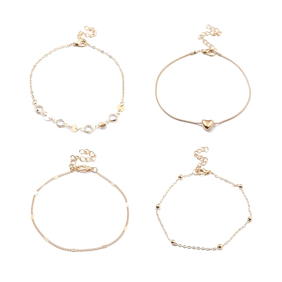 4Pcs 4 Style Alloy Chain Anklets Set with Heart, Clear Cubic Zirconia Flat Round Link Anklets for Women