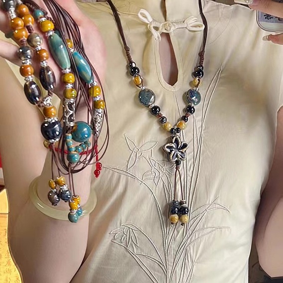 Длинные ожерелья-нагрудники из сплава и фарфора с кисточкой и бусинами для женщин