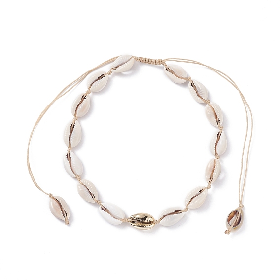 Natural Cowrie Shell Beaded Necklace, Braided Adjustable Necklace for Beach Vacation
