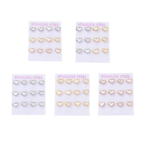 Heart 304 Stainless Steel Shell Stud Earrings, with Ear Nut