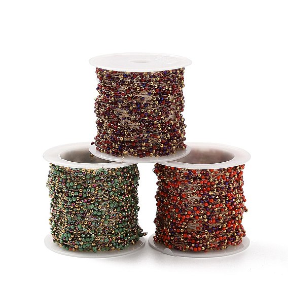 Латунные бисерные цепочки ручной работы, со стеклянными бусинами, с катушкой, несварные, реальный 18 k позолоченный