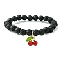 Natural Lava Rock Round Beaded Stretch Bracelet, Natural Dyed Malaysia Jade Cherry Charms Bracelet
