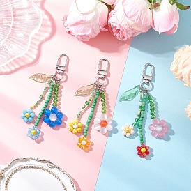 3Pcs Colors Cat Eye & Glass Seed Beaded Flower Pendant Decorations, with Alloy Clasps, Platinum