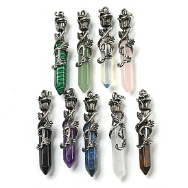 Gemstone Faceted Double Termimal Pointed Big Pendants, Hexagonal Prism Charms with Alloy Rose Wrapped, Antique Silver