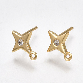 Brass Cubic Zirconia Stud Earring Findings, with Loop, Star, Clear, Nickel Free