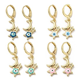 Real 18K Gold Plated Brass Dangle Leverback Earrings, with Enamel and Cubic Zirconia, Moon & Star with Evil Eye