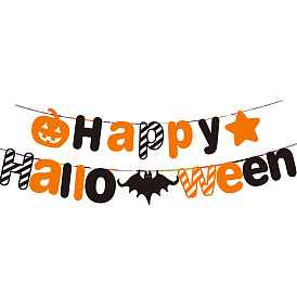 Бумажные флажки на тему хэллоуина, слово счастливый хэллоуин и летучая мышь висят баннеры, для праздничного украшения дома