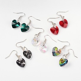 Heart Glass Dangle Earrings, with Silver Plated Iron Beads & Platinum Tone Brass Findings, 36mm, Pin: 0.8mm