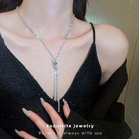 Fashion Zircon Zipper Diamond Necklace Real Gold Plating Temperament High-end Niche Clavicle Sweater Chain Necklace Women