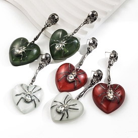 Halloween Alloy Rhinestone Stud Earrings, Resin Heart & Spider Dangle Earrings for Women