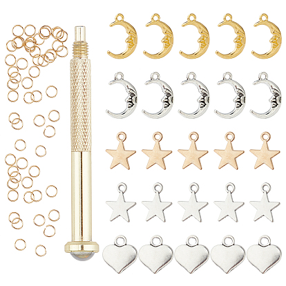 PandaHall Elite DIY 100Pcs Nail Art Dangle Charm Decoration, Including Iron Manual Punch Tools, Zinc Alloy Pendants and 304 Stainless Steel Jump Rings