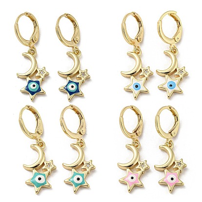 Boucles d'oreilles pendantes à fermoir à levier en laiton doré, avec de l'émail et de la zircone cubique, lune et étoile avec mauvais œil