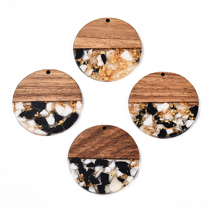 Transparent Resin & Walnut Wood Pendants, with Gold Foil, Flat Round Charms