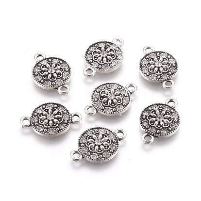 Tibetan Style Alloy Links Connectors, with Rhinestone, Flat Round with Flower, Crystal