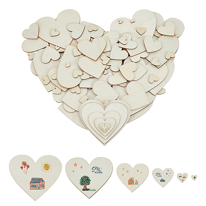 200Pcs 6 Styles Unfinished Wood Cutouts, Craft Supplies, Heart