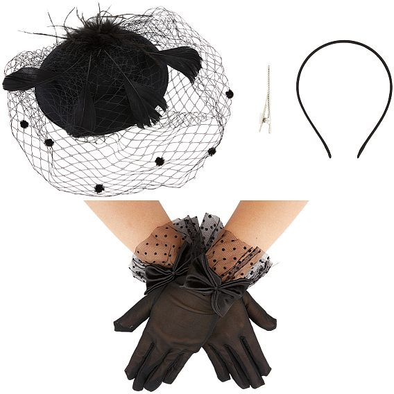 1 пара перчаток из полиэфирной марли, с 1заколкой для волос из полиэстера с перьями из кожи аллигатора, с железным зажимом