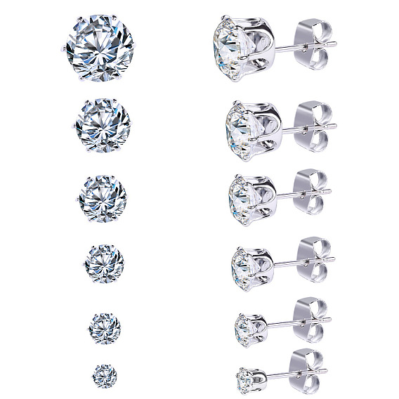 Conjunto minimalista de 6 pares de aretes con circonitas en acero inoxidable