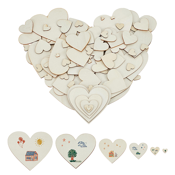 200Pcs 6 Styles Unfinished Wood Cutouts, Craft Supplies, Heart