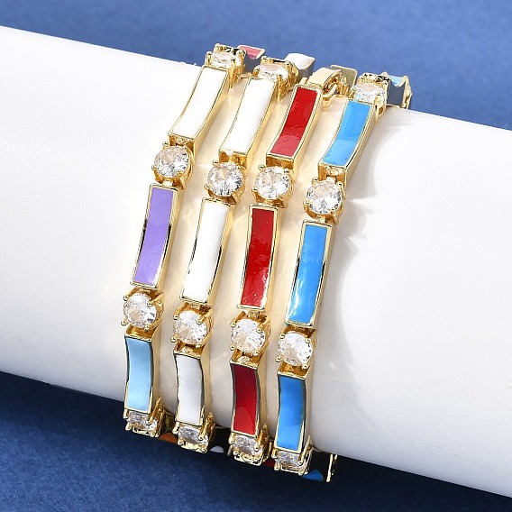 Латунные браслеты-цепочки с микропаве из прозрачных кубических цирконий для женщин, прямоугольник и плоский круглый, с эмалью, стойки покрытие, долговечный, без кадмия и без свинца, реальный 18 k позолоченный