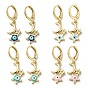 Golden Brass Dangle Leverback Earrings, with Enamel and Cubic Zirconia, Moon & Star with Evil Eye