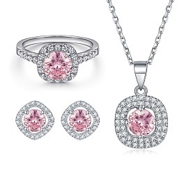 925 Sterling Silver Pink Gemstone Crystal Jewelry Set - Ring, Earrings & Necklace for Women