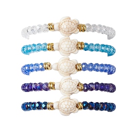 5 pcs 5 couleurs facettes rondelle verre pané bracelets extensibles, bracelets de perles turquoise synthétiques tortue de plage, pour femmes hommes