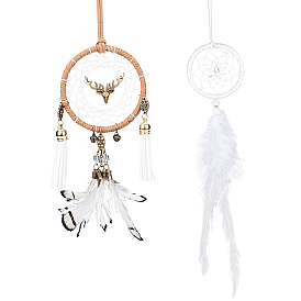 2Pcs 2 Style Cotton Net/Web with Feather & Tassel, Wind Chime Pendant, for Home Wall Car Hanging Decorations