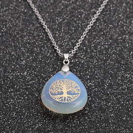 Fashion Natural Stainless Steel Water Drop Tree of Life Pendant Sweater Necklace for Women
