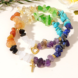 Bohemian Style Natural Mixed Gemstone Chips Stretch Bracelets for Women, with Golden Tone Iron Charm