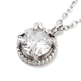 201 Stainless Steel Cable Chain Necklaces, Brass Clear Cubic Zirconia Flat Round Pendant Necklaces