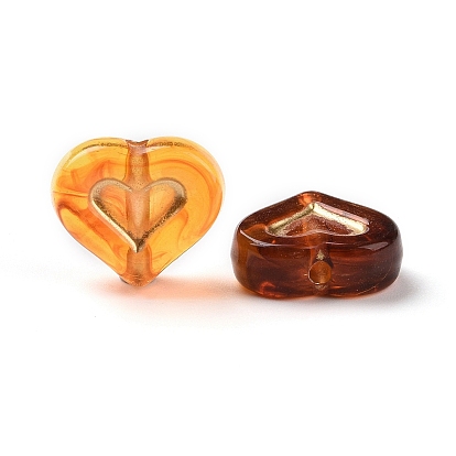 Acrylic Beads, Imitation Amber, Golden Metal Enlaced, Heart