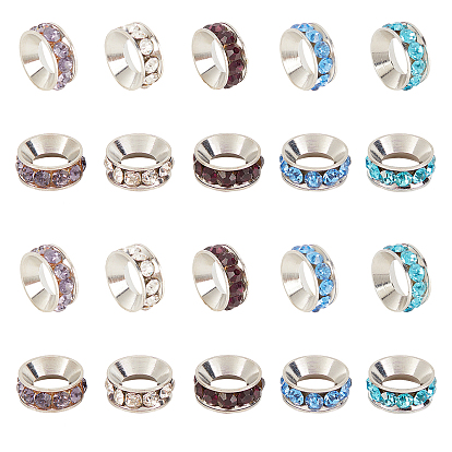 40pcs 4 colors Brass Spacer Beads with Grade A Rhinestone, Flat Round