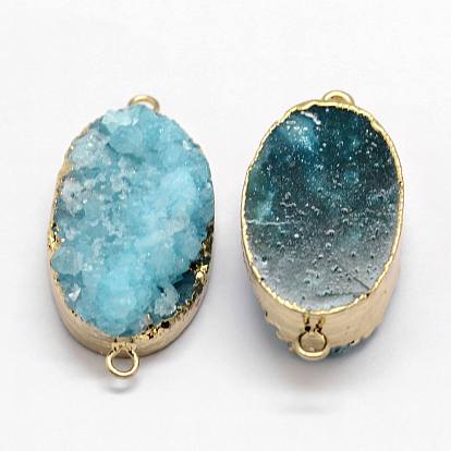 Electroplated Natural & Dyed Druzy Agate Links Connectors, with Golden Plated Brass Findings, Oval