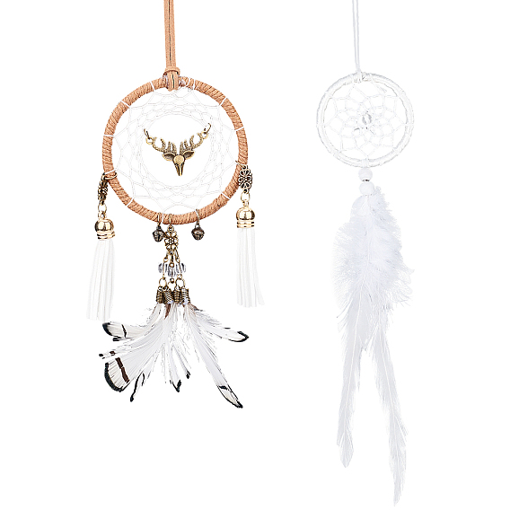2Pcs 2 Style Cotton Net/Web with Feather & Tassel, Wind Chime Pendant, for Home Wall Car Hanging Decorations