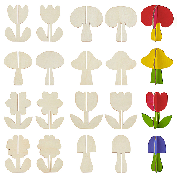 32Pcs 8 Styles Pine Plywood Ornaments, Wood Craft Supplies, Flower & Mushroom