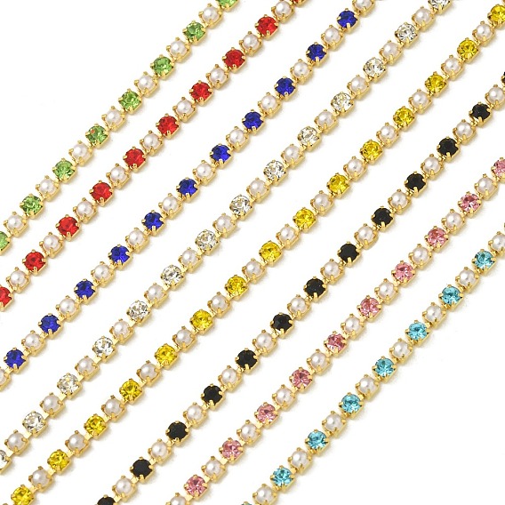 Латунь чашка цепи, без кадмия и без свинца, со стеклом и АБС-пластиком с имитацией жемчуга, золотые, пайки, с катушкой