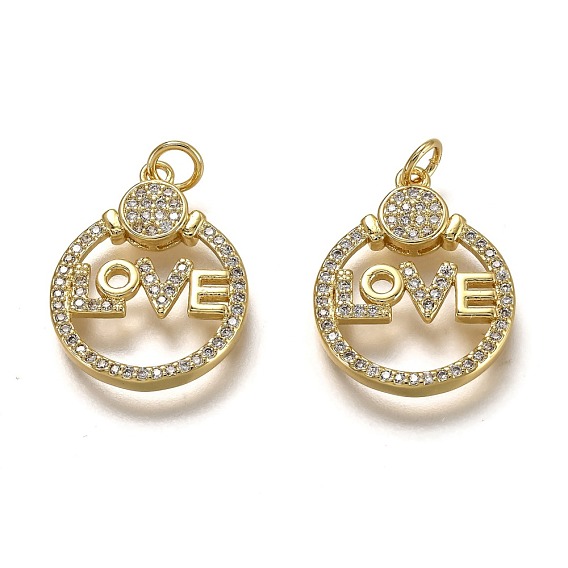Латунные микропаве прозрачные подвески с фианитом, с целью перехода в кольце, долговечный, плоские круглые со словом "love"