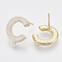 Brass Stud Earring Findings, with Shell and Loop, Nickel Free, Letter C, Creamy White
