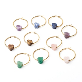 Boucles d'oreilles en perles de pierre naturelle coeur pour fille femme, 304 grandes créoles en acier inoxydable, or