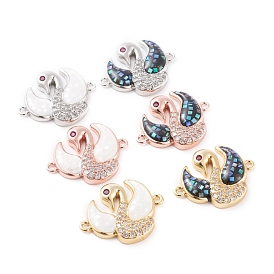 Brass Micro Pave Cubic Zirconia Links Connectors, with Abalone Shell/Paua Shell, Cadmium Free & Nickel Free & Lead Free, Swan, Clear