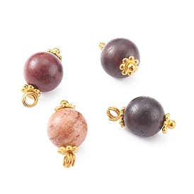 Natural Wood Beads Round Charms, with Alloy Daisy Spacer Beads and Brass Ball Head Pins, Golden
