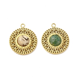 Natural Gemstone Pendants, Faceted Flat Round Charms, with Vacuum Plating Real 18K Gold Plated 201 Stainless Steel Findings