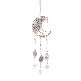 Natural Fluorite Tree of Life Pendant Decorations, with Metal Moon, Glass Suncatchers, Ball Prism for Chandelier Ceiling