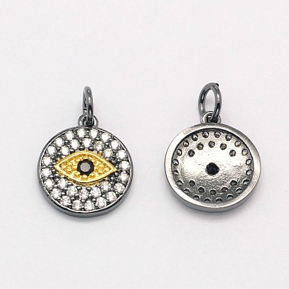 Brass Micro Pave Cubic Zirconia Charms, Cadmium Free & Nickel Free & Lead Free, Flat Round with Evil Eye