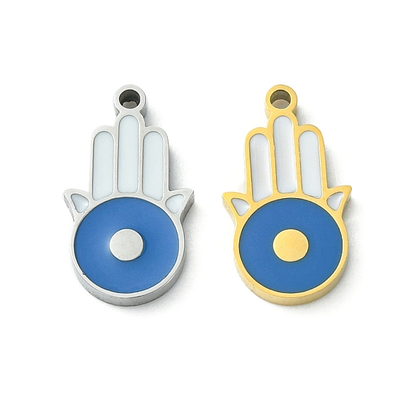 304 Stainless Steel Manual Polishing Charms, with Enamel, Hamsa Hand/Hand of Miriam with Evil Eye