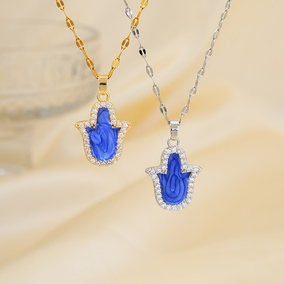 Винтажные латунные ожерелья с подвеской в виде руки в виде хамсы с прозрачными кубическими цирконами и королевской синей эмалью для повседневного ношения и праздничного подарка