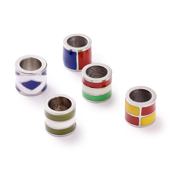 304 Stainless Steel Enamel European Beads, Large Hole Beads, Column, Stainless Steel Color