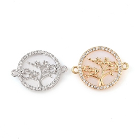 Brass Pave Shell Flat Round Connector Charms, Tree of Life Charms with Clear Cubic Zirconia