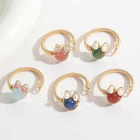 Adorable 14k Gold Wire-wrapped Natural Stone Cat Ring for Women